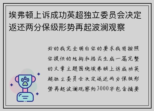 埃弗顿上诉成功英超独立委员会决定返还两分保级形势再起波澜观察 埃弗顿上诉成功英超独立委员会决定返还两分保级形势再起波澜观察