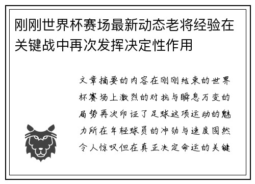 刚刚世界杯赛场最新动态老将经验在关键战中再次发挥决定性作用